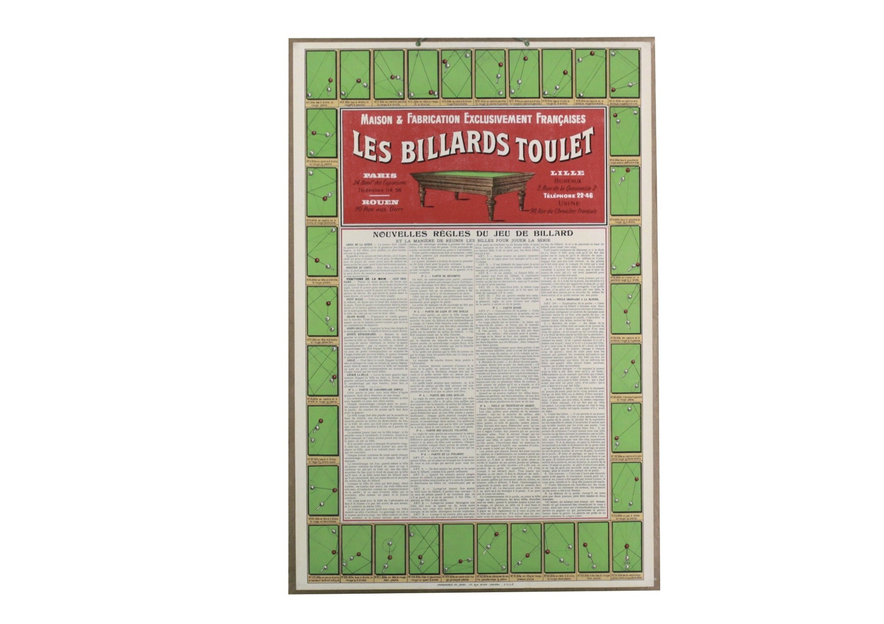 Affiche déco et rétro avec règle de jeux du billard français - Billards Toulet