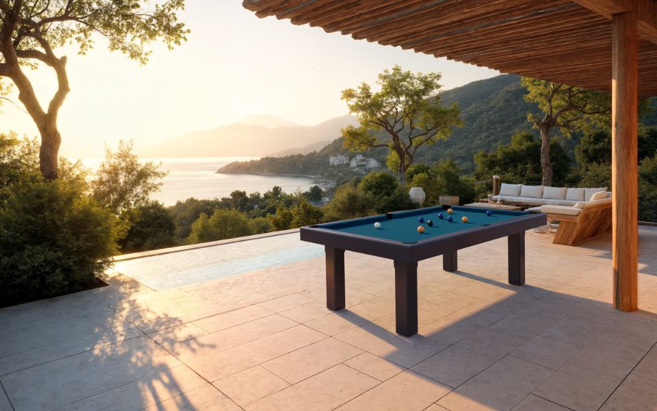 table de billard outdoor Bubbly gris tapis bleu sur mesure Toulet