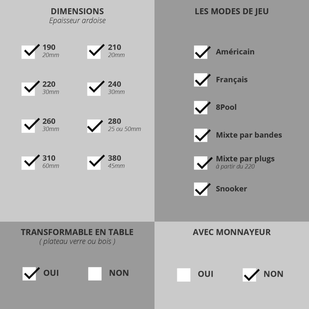 tableau choix des options billard cuir leather